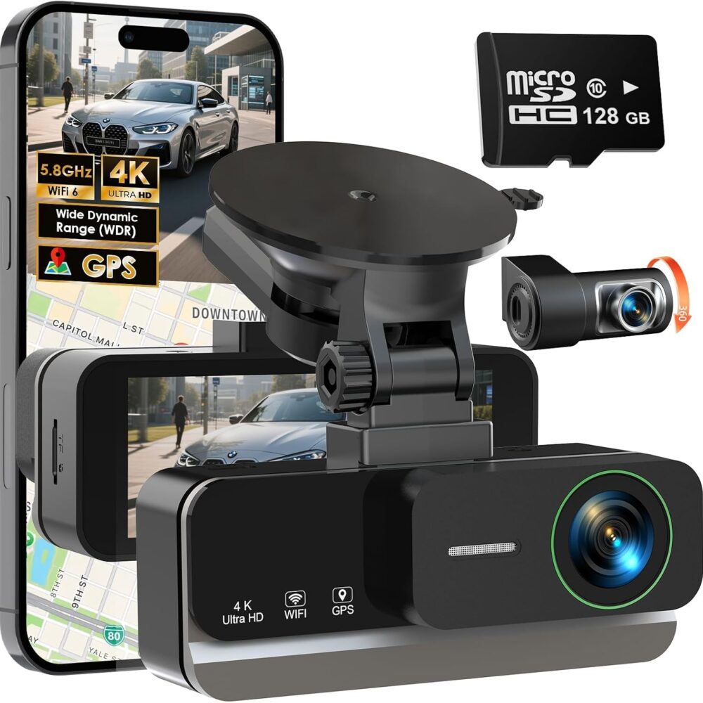 4K+4K Dash Cam Front and Rear, Free 128GB Card Included, 5.8GHz WiFi-20MB/s Fast Download, Dash Camera for Cars with Accurate GPS, G-Sensor, WDR Night Vision, 3.39" IPS Screen, 24H Parking Mode