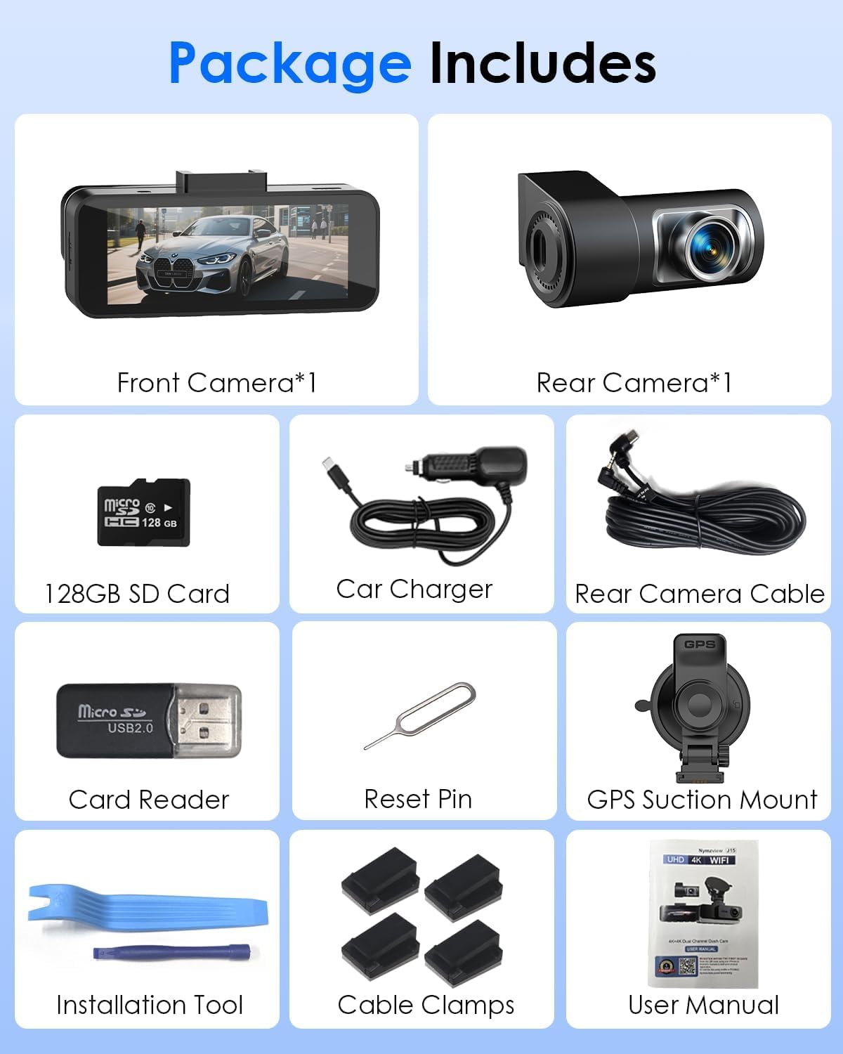 4K+4K Dash Cam Front and Rear, Free 128GB Card Included, 5.8GHz WiFi-20MB/s Fast Download, Dash Camera for Cars with Accurate GPS, G-Sensor, WDR Night Vision, 3.39" IPS Screen, 24H Parking Mode - Image 9