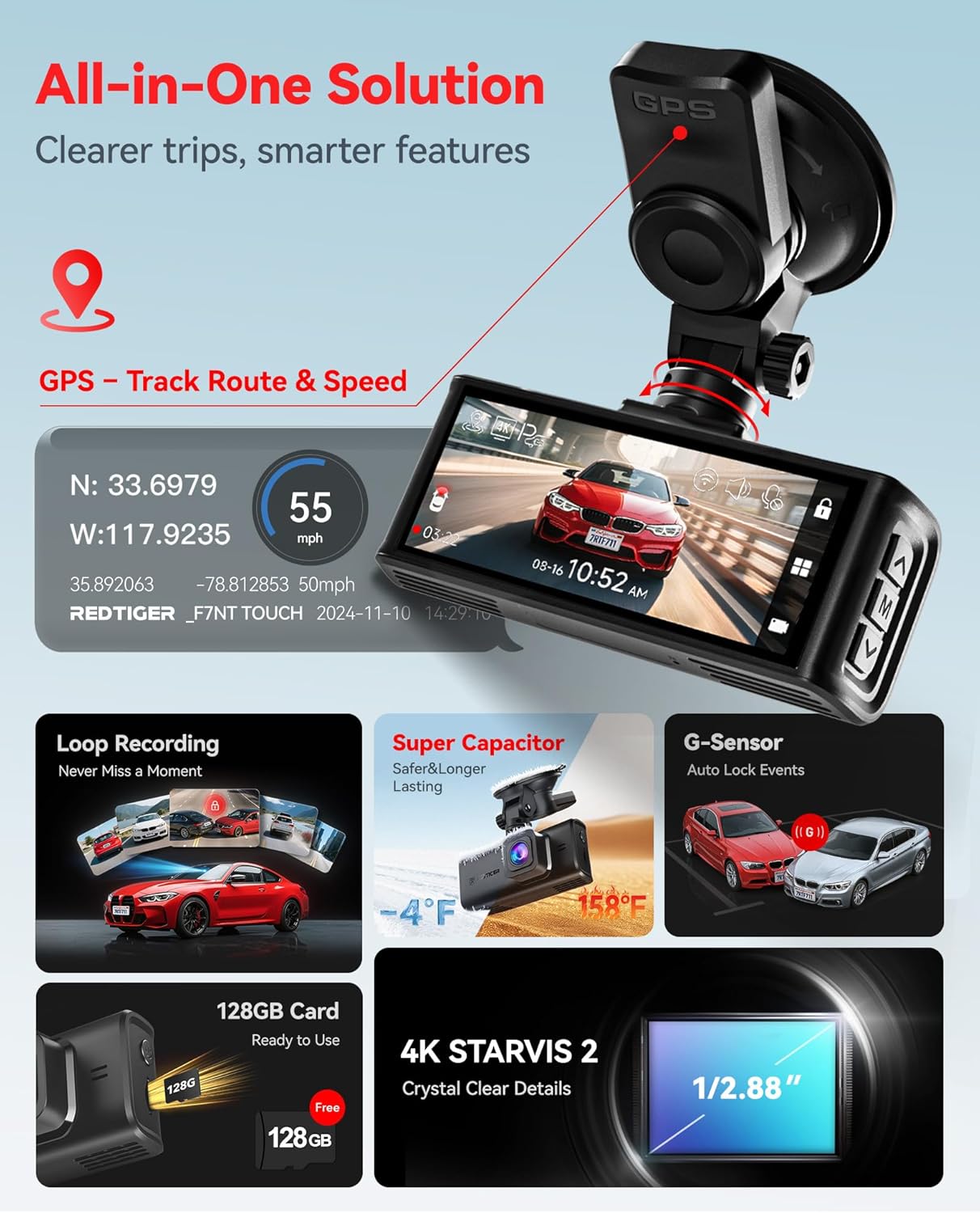 REDTIGER 4K STARVIS 2 Dash Cam Front and Rear, 5GHz WiFi 20MB/s Download, 128GB Card Included, Voice Control, Dash Camera for Cars with 3.18" Touch Screen, GPS, Loop Recording, Parking Mode(F7N Touch) - Image 3