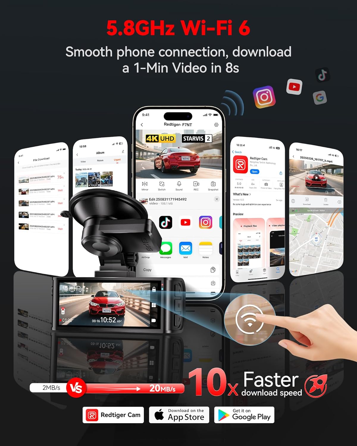 REDTIGER 4K STARVIS 2 Dash Cam Front and Rear, 5GHz WiFi 20MB/s Download, 128GB Card Included, Voice Control, Dash Camera for Cars with 3.18" Touch Screen, GPS, Loop Recording, Parking Mode(F7N Touch) - Image 5